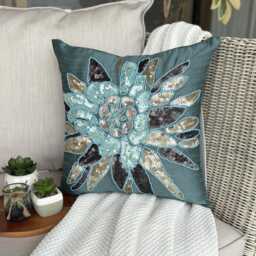 Teal Blue Art Silk, Bead, Sequin Embroidered Nature & Floral, Modern Throw Pillow Cover/Euro Sham - Centerpiece - thumbnail 3