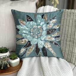Teal Blue Art Silk, Bead, Sequin Embroidered Nature & Floral, Modern Throw Pillow Cover/Euro Sham - Centerpiece - thumbnail 2