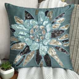 Teal Blue Art Silk, Bead, Sequin Embroidered Nature & Floral, Modern Throw Pillow Cover/Euro Sham - Centerpiece - thumbnail 1