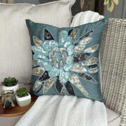 Teal Blue Art Silk, Bead, Sequin Embroidered Nature & Floral, Modern Throw Pillow Cover/Euro Sham - Centerpiece - thumbnail 3