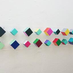 "Hand Painted 3D Wood Cube Wall Art, Geometric Home Decor - 41.3"" X 8.1" - thumbnail 3