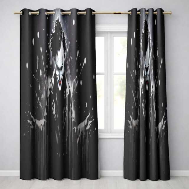 Dark Smiling Clown Monochrome Graffiti Decorative Artistic Artwork For Home Decor Readymade Eyelet Ring Top Thermal 100% Blackout Curtains - image 1