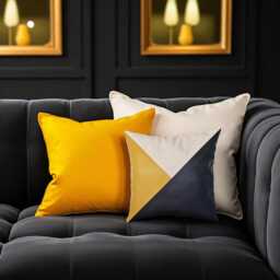 Color Block Pillow Cover Yellow & Black Faux Leather, Natural Linen - thumbnail 2