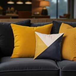 Color Block Pillow Cover Yellow & Black Faux Leather, Natural Linen - thumbnail 3