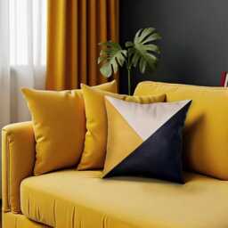 Color Block Pillow Cover Yellow & Black Faux Leather, Natural Linen - thumbnail 4