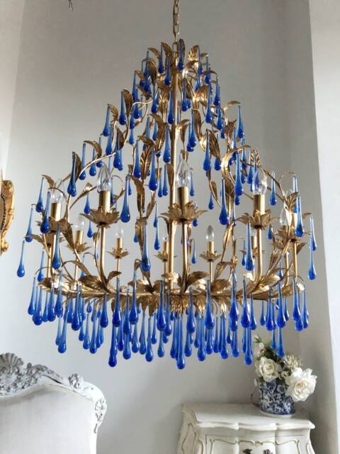 Sale Statement 12 Lights Chandelier Gold Leaf Finish With Sapphire Blue Murano Glass Drops - image 1