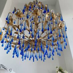 Sale Statement 12 Lights Chandelier Gold Leaf Finish With Sapphire Blue Murano Glass Drops - thumbnail 4