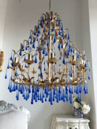 Sale Statement 12 Lights Chandelier Gold Leaf Finish With Sapphire Blue Murano Glass Drops - thumbnail 1