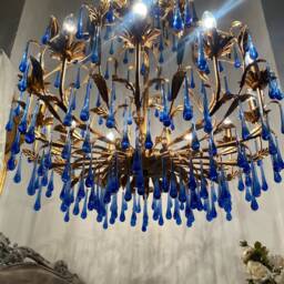 Sale Statement 12 Lights Chandelier Gold Leaf Finish With Sapphire Blue Murano Glass Drops - thumbnail 2