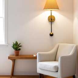 Antique Brass Wall Sconce - Mid-Century Modern Linen Lampshade - thumbnail 3