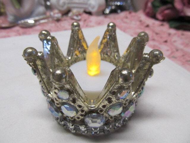 Mercury Glass Crown Votive Candleholder W. Led Battery Candle, Rhinestones On Side, Shabby Chic, French Crown, Cottage, Crown Collector - image 1