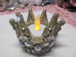 Mercury Glass Crown Votive Candleholder W. Led Battery Candle, Rhinestones On Side, Shabby Chic, French Crown, Cottage, Crown Collector