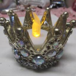 Mercury Glass Crown Votive Candleholder W. Led Battery Candle, Rhinestones On Side, Shabby Chic, French Crown, Cottage, Crown Collector - thumbnail 4