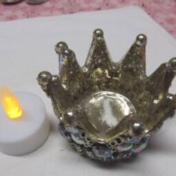 Mercury Glass Crown Votive Candleholder W. Led Battery Candle, Rhinestones On Side, Shabby Chic, French Crown, Cottage, Crown Collector - thumbnail 2
