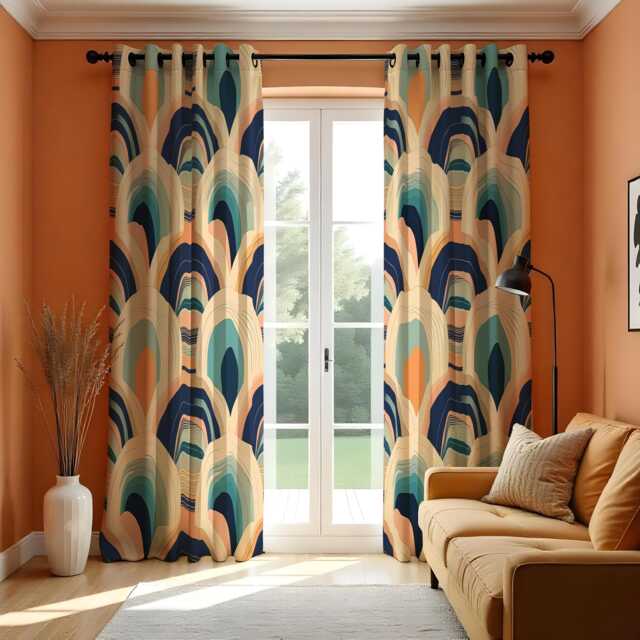 Retro Arch Curtains, Mid Century Modern Blue Orange Drapes, Geometric Pattern Window Panels, Classic Style Living Room Home Decor - image 1