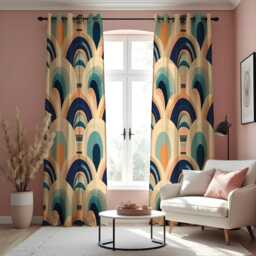 Retro Arch Curtains, Mid Century Modern Blue Orange Drapes, Geometric Pattern Window Panels, Classic Style Living Room Home Decor - thumbnail 2