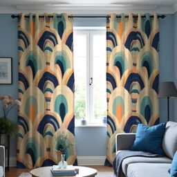 Retro Arch Curtains, Mid Century Modern Blue Orange Drapes, Geometric Pattern Window Panels, Classic Style Living Room Home Decor - thumbnail 3