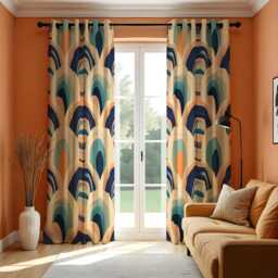 Retro Arch Curtains, Mid Century Modern Blue Orange Drapes, Geometric Pattern Window Panels, Classic Style Living Room Home Decor