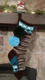 Hand Knit Christmas Stocking Santa's Works Brown Turquoise Blue Flower Border