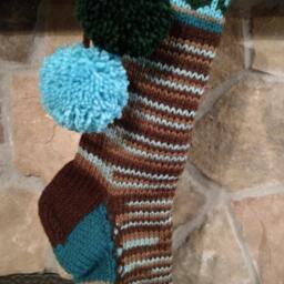 Hand Knit Christmas Stocking Santa's Works Brown Turquoise Blue Flower Border - thumbnail 2