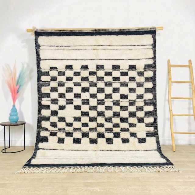 Handwoven Wool Shag Rug With Checkered Pattern, Moroccan Black & White Berber Rug, Authentic Beni Ourain Style Carpet, Large 9x12 Area - image 1