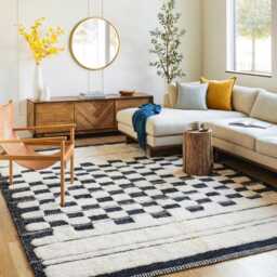 Handwoven Wool Shag Rug With Checkered Pattern, Moroccan Black & White Berber Rug, Authentic Beni Ourain Style Carpet, Large 9x12 Area - thumbnail 3
