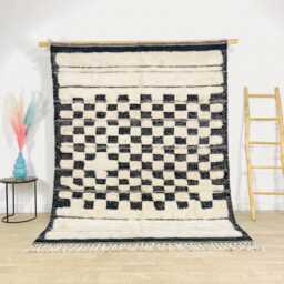 Handwoven Wool Shag Rug With Checkered Pattern, Moroccan Black & White Berber Rug, Authentic Beni Ourain Style Carpet, Large 9x12 Area - thumbnail 1