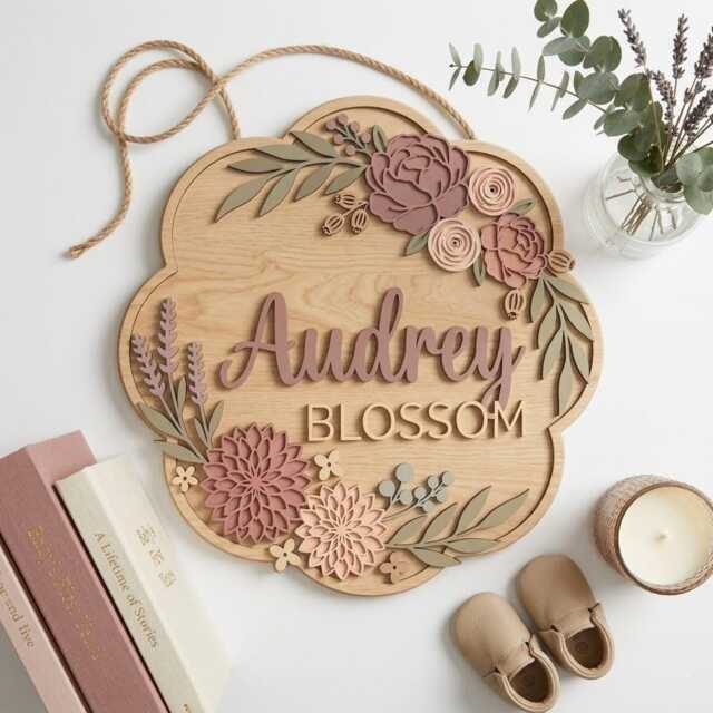 Personalized Baby Girl Nursery Sign, Custom Wooden Name Floral Decor, Flower Wall Art, Shower Gift, Girls Room Decor - image 1