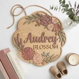 Personalized Baby Girl Nursery Sign, Custom Wooden Name Floral Decor, Flower Wall Art, Shower Gift, Girls Room Decor - thumbnail 1
