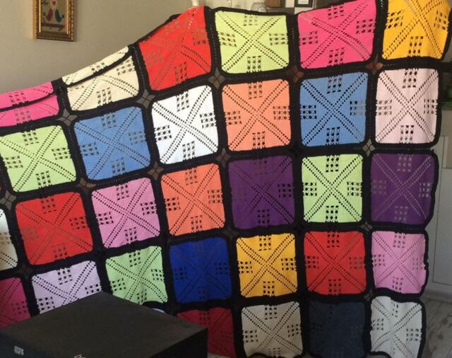 Knitted Blanket - Afghan Colorful Granny Square Boho Decor Knit Throw Large Hand Patchwork - image 1
