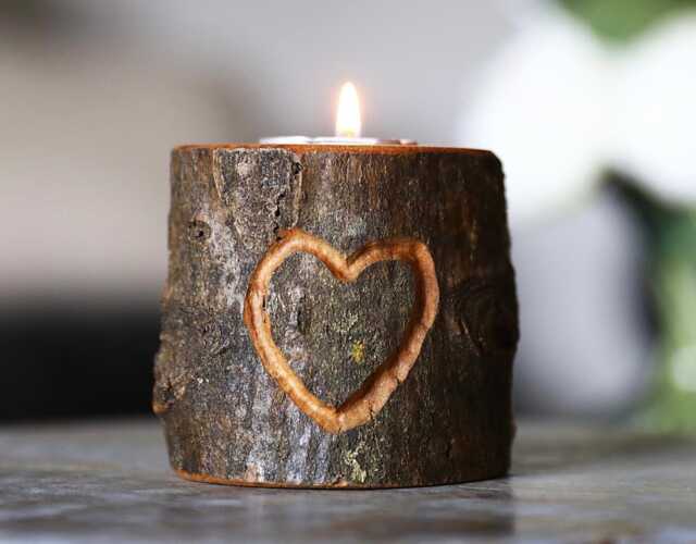 Hand Carved Heart Wood Tea Light Candle Holder, Live Edge Bark Tealight, Rustic Style Home Decor, Unique Gift For Your Love - image 1