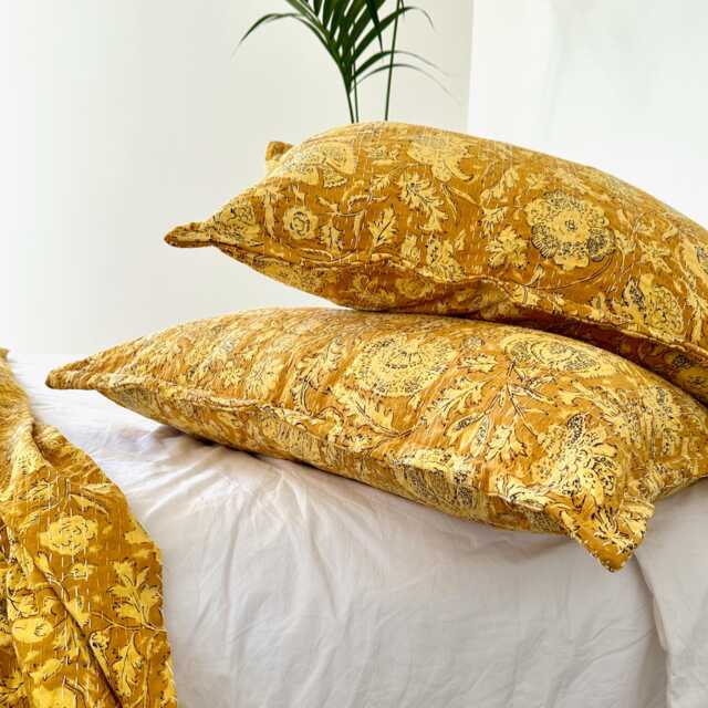 Yellow Floral Pillow Case Handmade Kantha Stitched Cotton Bedroom Sham - image 1