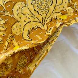 Yellow Floral Pillow Case Handmade Kantha Stitched Cotton Bedroom Sham - thumbnail 4