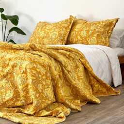 Yellow Floral Pillow Case Handmade Kantha Stitched Cotton Bedroom Sham - thumbnail 2
