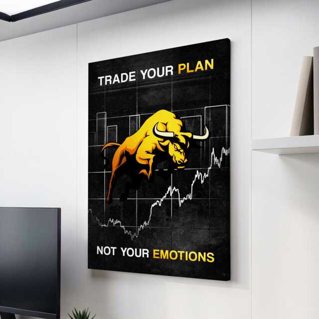 Trade Your Plan Not Emotions Quote Bull Stock Market Inspirational, Framed Canvas Wall Art Poster Print, Home Office & Room Decor, Gift - image 1