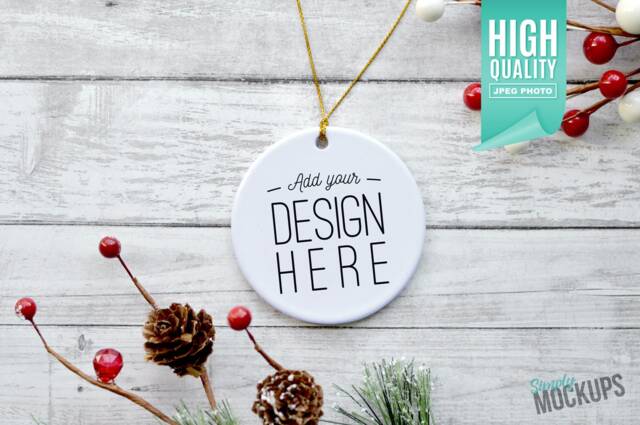 Round Porcelain Christmas Ornament, Mockup - Gold Ribbon - Add Your Own Image Template High Quality Digital Download - image 1