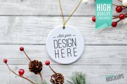 Round Porcelain Christmas Ornament, Mockup - Gold Ribbon - Add Your Own Image Template High Quality Digital Download
