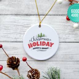 Round Porcelain Christmas Ornament, Mockup - Gold Ribbon - Add Your Own Image Template High Quality Digital Download - thumbnail 2