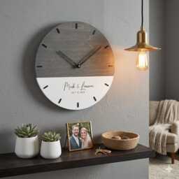 Custom Wedding Gift Clock, Personalized Newlywed Decor, Silent Wood Housewarming Wall Art - thumbnail 2