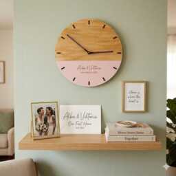 Custom Wedding Gift Clock, Personalized Newlywed Decor, Silent Wood Housewarming Wall Art - thumbnail 3