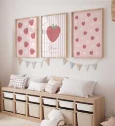 Girls Room Strawberry Prints - Set Of 3, Pink Nursery Prints, Baby Print, Daisy Floral, Bedroom Decor, Custom Name - thumbnail 1