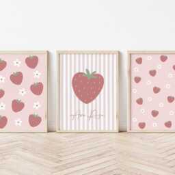 Girls Room Strawberry Prints - Set Of 3, Pink Nursery Prints, Baby Print, Daisy Floral, Bedroom Decor, Custom Name - thumbnail 2