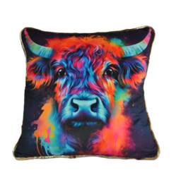 Highland Cow Velvet Piped Cushions Gold Fur Back 18 - thumbnail 1
