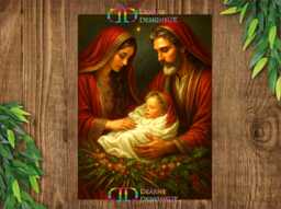 Nativity Wreath Sign, Wall Decor, Christian Christmas Art, Baby Jesus Print, Mary & Joseph Decoration - thumbnail 1