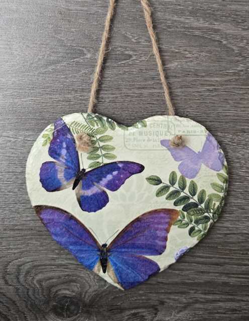 Butterfly Slate Heart Wall Hanging Botanical Decoupage Home Decor - image 1