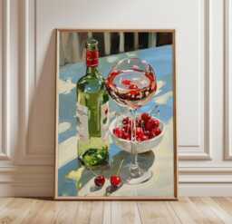 Ros?? Wine Poster, Strawberry Table Print, Kitchen Wall Art