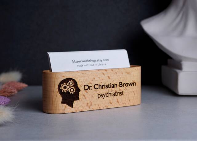 Solid Wood Personalized Psychologist Gift Psychiatrist Therapist Psychotherapist Business Card Holder Psychology Desktop Case Doctor - image 1