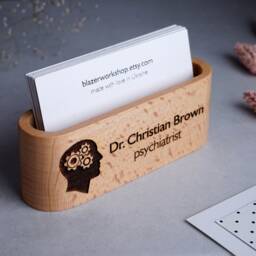 Solid Wood Personalized Psychologist Gift Psychiatrist Therapist Psychotherapist Business Card Holder Psychology Desktop Case Doctor - thumbnail 3