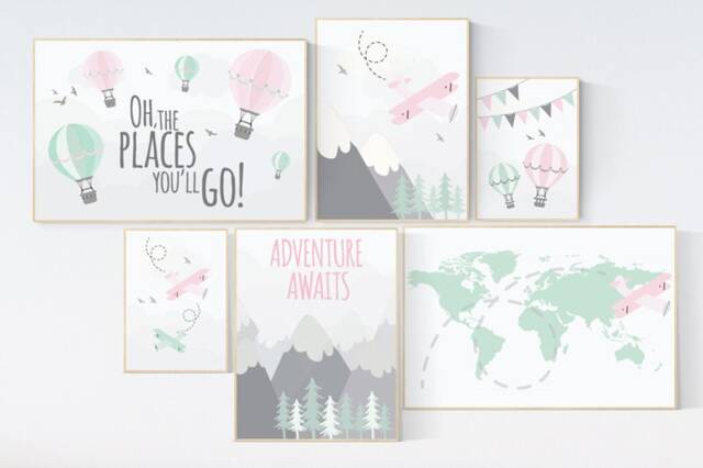 Mountain Nursery Art Prints Pink Mint Adventure Decor - image 1