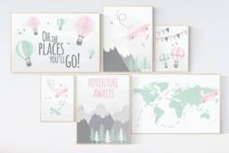 Mountain Nursery Art Prints Pink Mint Adventure Decor - thumbnail 1
